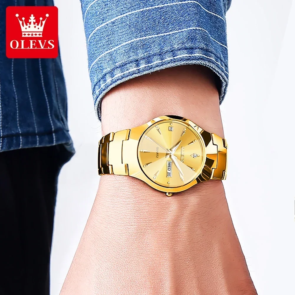 OLEVS, relojes de cuarzo de lujo para hombre, correa de acero de tungsteno dorado, relojes para hombre, reloj de pulsera de negocios con fecha luminosa resistente al agua y semana