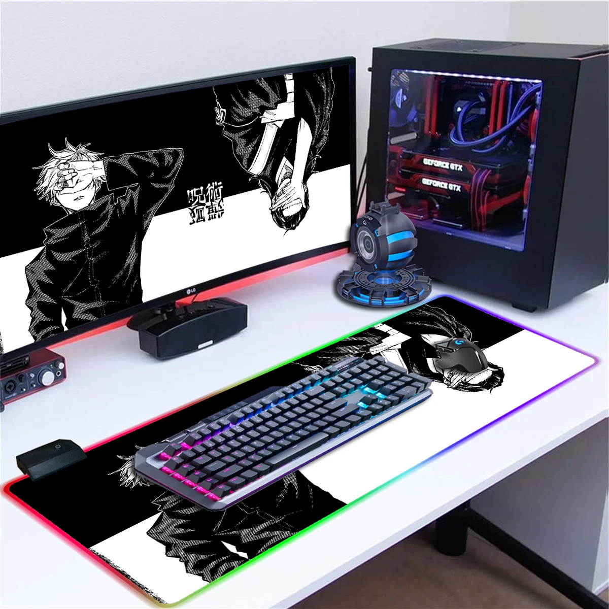 Anime RGB Mouse Pad Jujutsu Kaosen Gojo Satoru&Geto Suguru Large Desk Mat LED Light Big Gaming Mouse Pad Non-Slip Game Mousepad