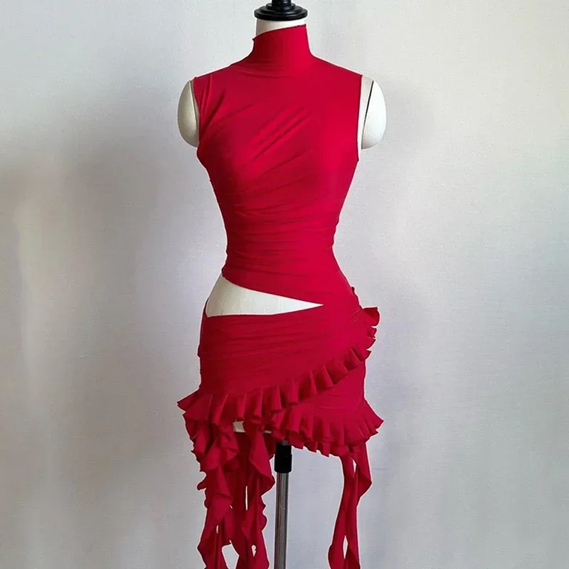 Robe évidée irrégulière pour femme, chanteuse coréenne, costume de scène sexy, vêtements d'interdiction de performance, mode Y2K, Kpop, fibre rouge