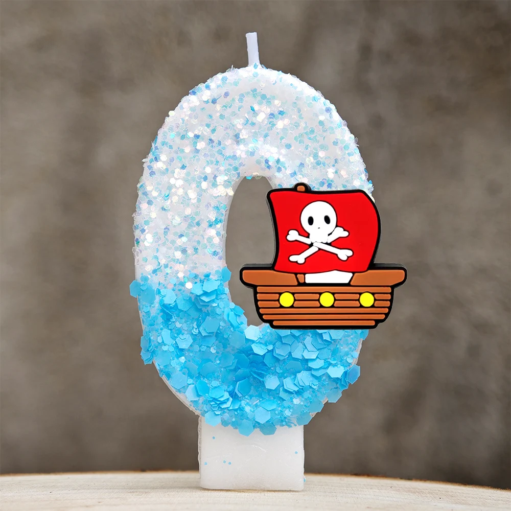 3D Glitter Pirate Ship Number Candles Skull Pirate Flag Cake Topper Decoration for Kids Pirate Themed Birthday Party Supplies