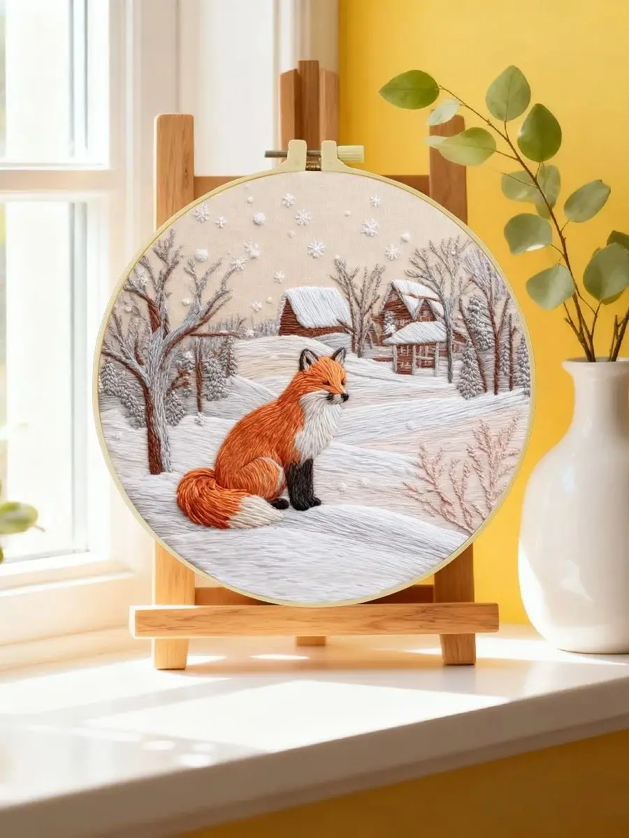 1 Stück 20X20CM/15X15CM 7,87/6,3 Zoll Der Fuchs im Schnee Stickerei-Starter-Kit DIY-Kit DIY-Stickerei-Set Handarbeiten – Detail 6
