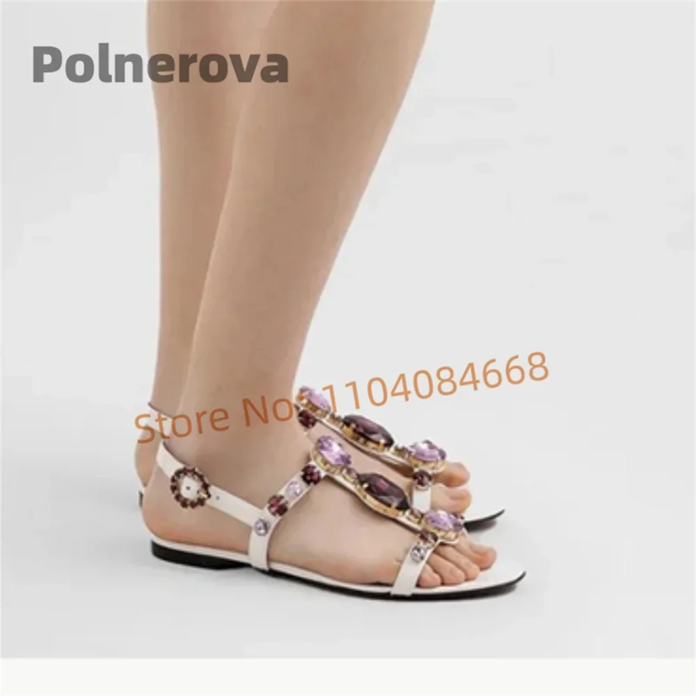 

Purple Prints Gemstone Flats Sandals Women Bohemian Open Toe Buckle Strap Rhinestone Dress Summer Shoes 6Cm/10Cm High Heels
