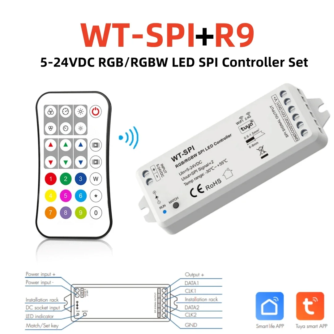 5V-24V RF WiFI SPI LED Controller RGBIC Type Pixel Strip Smart APP Music Mic Control WiFi-SPI+R9 Remote WS2812 WS2815 LED Strips