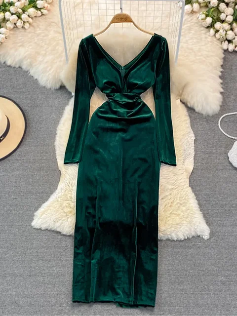 Jesienno-zimowa damska zielona/czarna aksamitna długa sukienka na imprezę elegancka dekolt w serek z długim rękawem wysoka talia szczupła Vestidos kobieta nowa moda