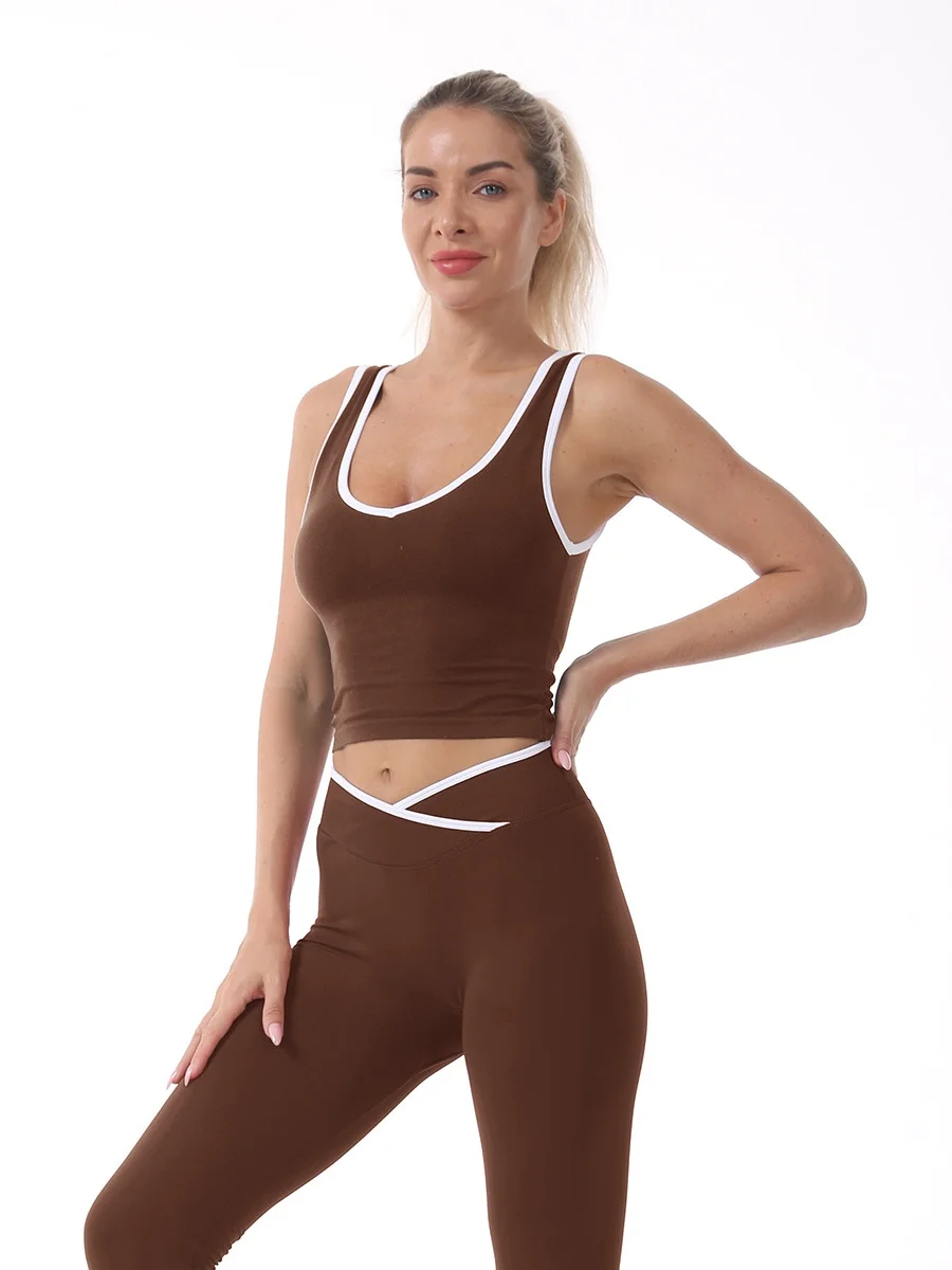 Gilet yoga a vita incrociata color block, top sportivo da donna con protezioni per il petto