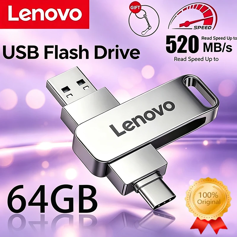 Pen Drive USB 3.2 64GB OTG Lenovo de Alta Velocidade Tipo-C com Capacidade Real em Metal para Celular e Computador