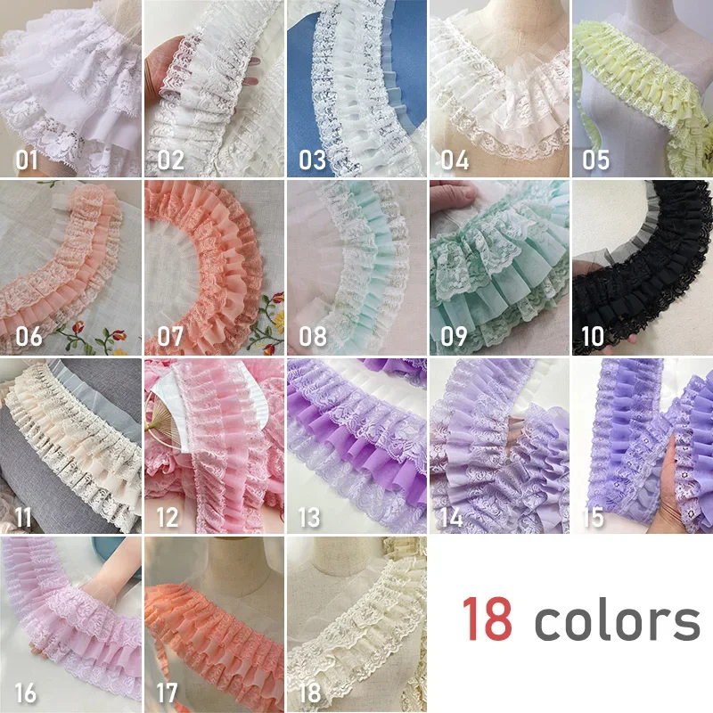 1M Three Layers Pleated Chiffon Fabric Guipure Lace Embroidery Fringe Ruffle Trim Dolls Clothes Dress Collar Sewing Accessories