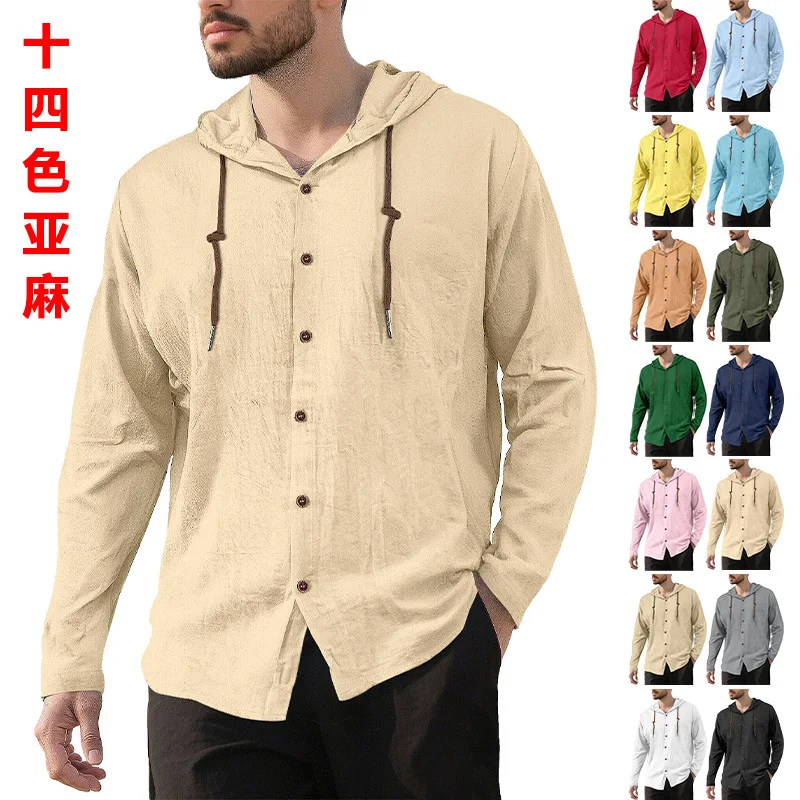 

2026 New Arrival Cross-Border Hot Sale Spring Summer Men's Hooded T-Shirt Solid Color Cotton Linen Casual Long Sleeve Top