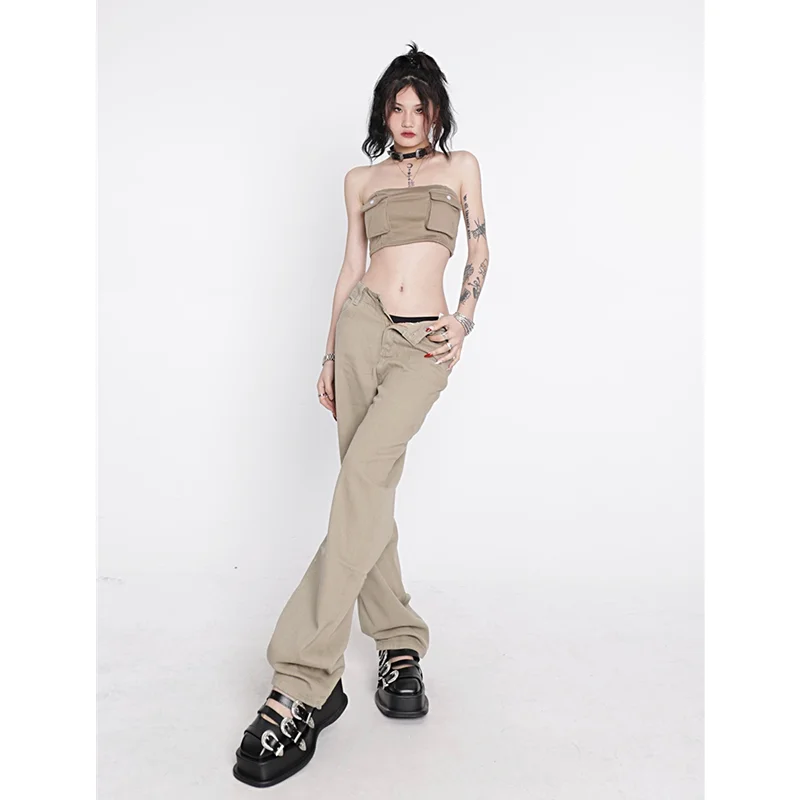 Women\'s Khaki Wide Leg Jeans Star Pocket Vintage Straight Pants High Waist Baggy Streetwear Casual Brown Denim Trouser Ladies