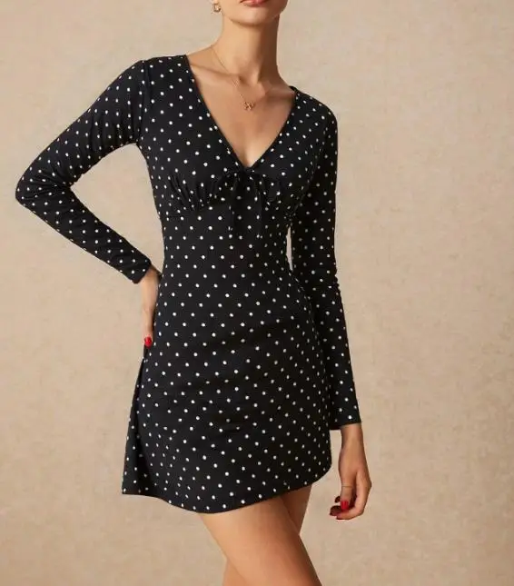 

Women's Dress Summer Classic Polka Dot Print Elegant Fashionable Casual Sexy V-Neck Bow Sticker Decoration Long Sleeved Dress