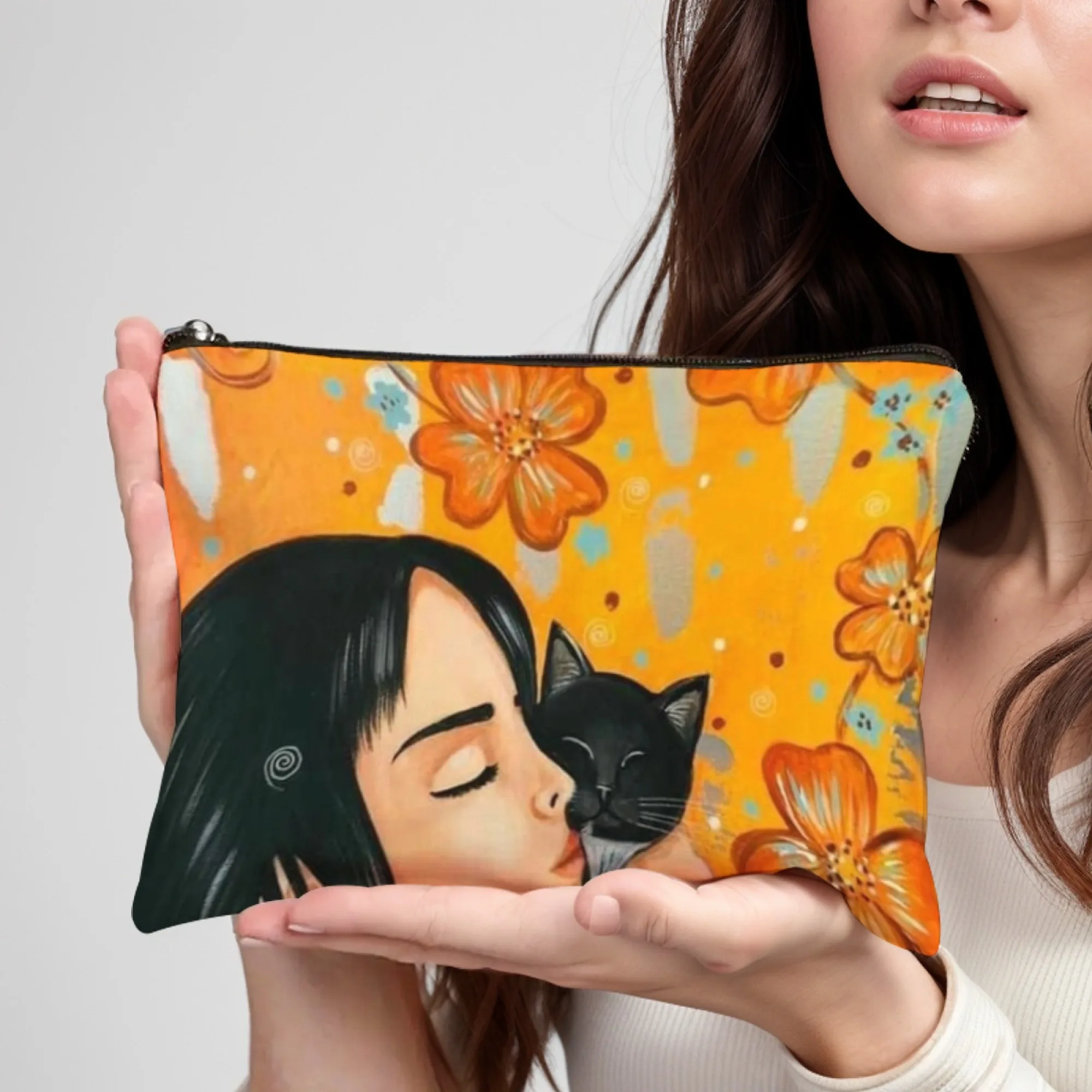 Autumn Cat and girl makeup bag lightweight portable cosmetic case with zipper closure ideal for women Birthday Christmas Gifts