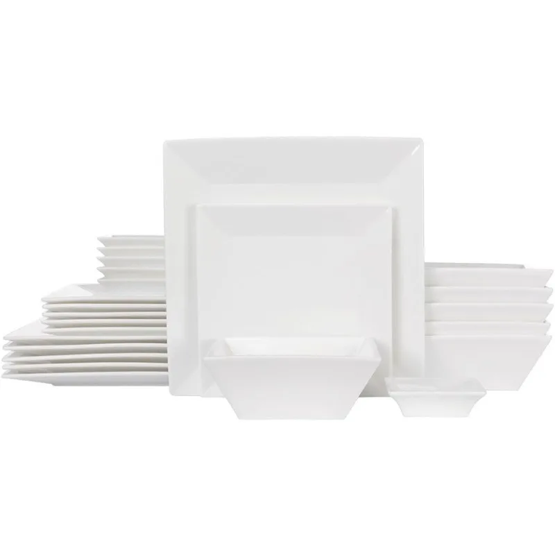 24-Piece Classic Square Dinnerware Set for 6-Square Dinner Plates, Dessert Plates, Bowls & Dipping Saucers, Off White