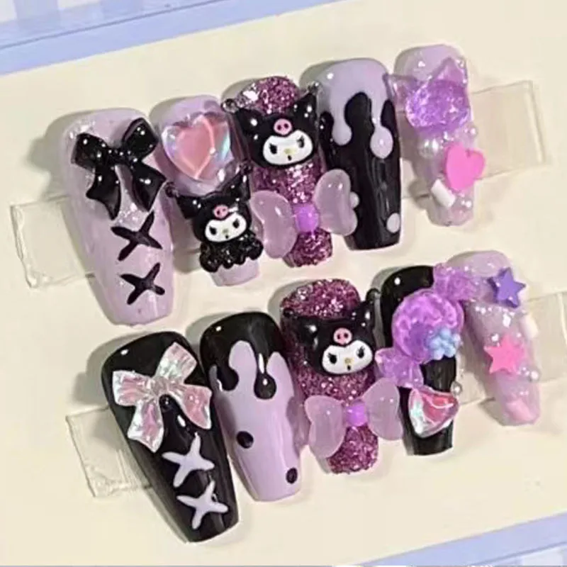 

Sanrioed Manicure Nail Kuromi Cartoon Fake Nails Cinnamoroll Pochacco Rhinestone Detachable Anime Nails Full Cover Handmade Gift