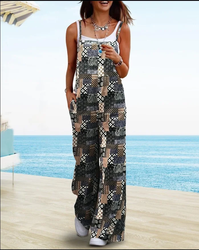 Long Jumpsuits for Summer New Fashion Women Wear Floral Print Pocket Decor Casual Suspender Jumpsuit