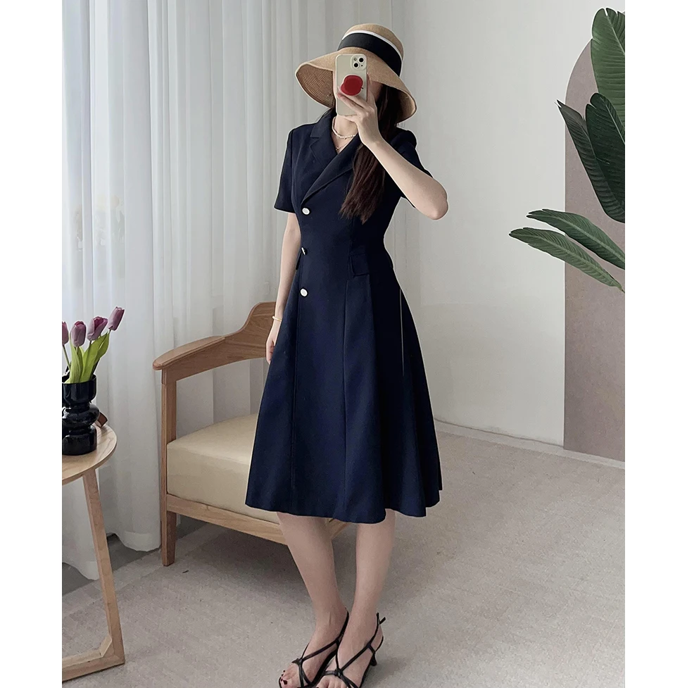 

Ele High Waist A-Line Dr with Suit Collar Pleated Skirt Korean Sle Women's Faion Summer 2025 Selfwill Brand