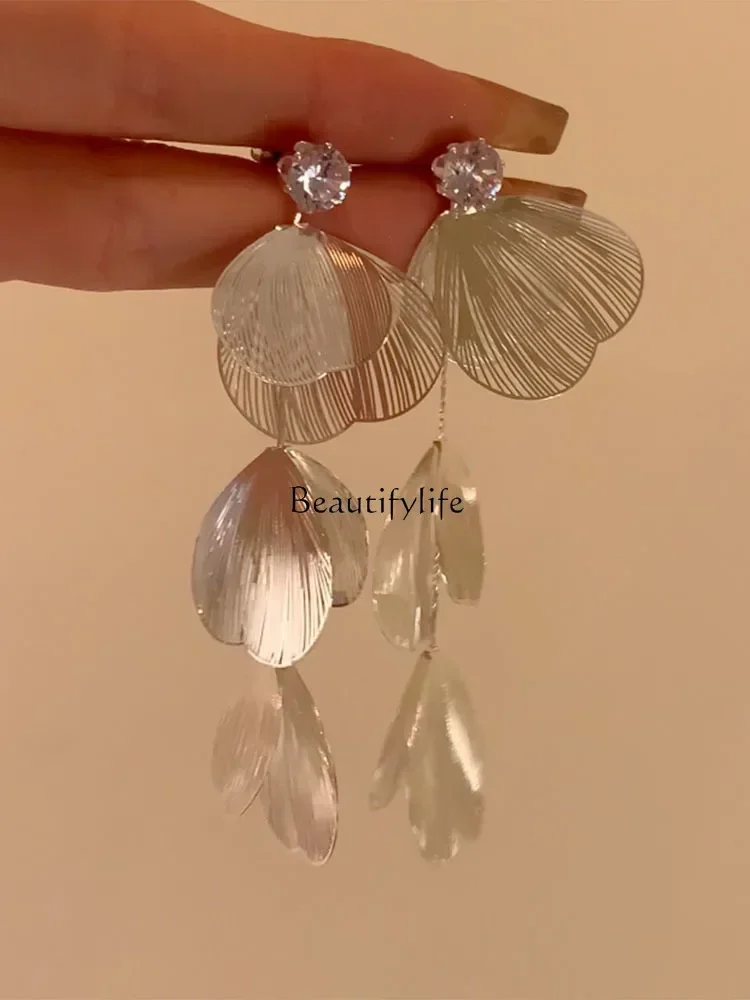 

High-end silver zircon long fringed earrings niche stud earrings for women