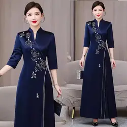 V-Neck Satin Chinese Style Long Dresses 2026 Spring/Summer Middle Aged Mom's High End Retro Embroidered Dress For Women Z4915