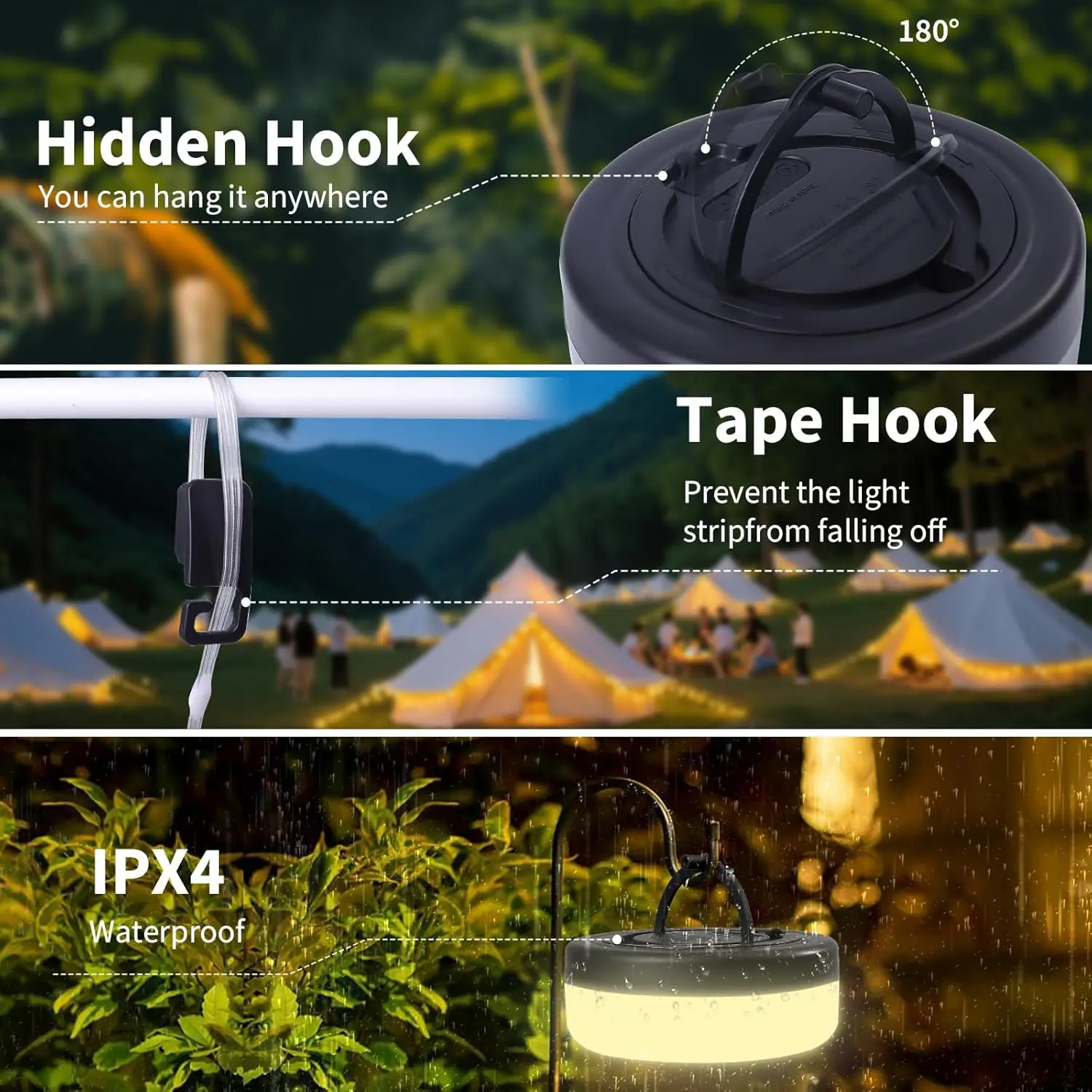 Camping String Lights, Retractable Camping String Fairy Lights Lanterns 10 M with 14 Lighting Modes, 4000 mAh USB Rechargeable