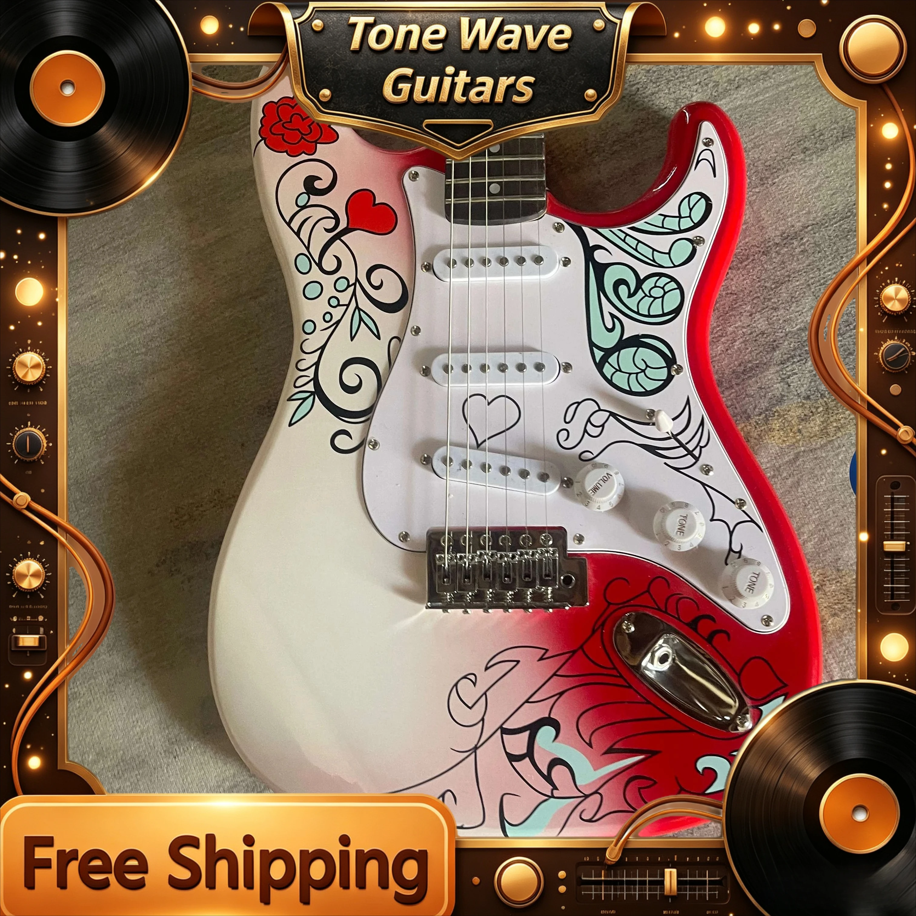 2026  NEW STS Electric Guitar Poplar Wood Guitar Body Maple Neck  Red and White Gradient Rose Love Painting SSS Pickup Unisex