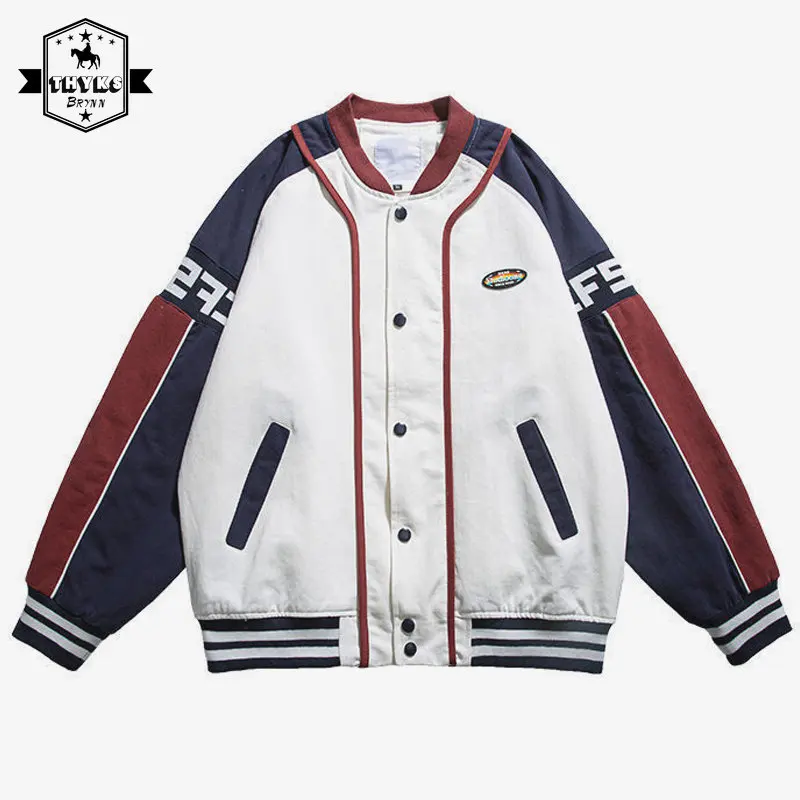 

Vintage Men's Jackets Letter Color Contrast Patchwork Harajuku Varsity Baseball Autumn Motorcycle Jacket Coats Unisex Clothing