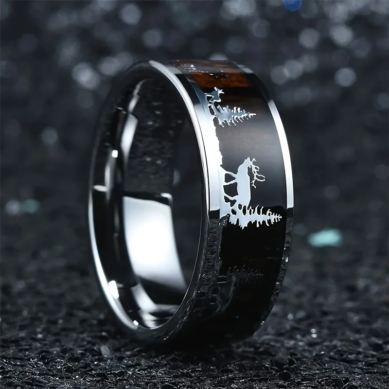 2024 Vintage Koa Wood Inlay Deer Stag Hunting Silhoue Rings 8mm Fashion Stainless Steel Men Rings For Men/Women Jewelry Gift