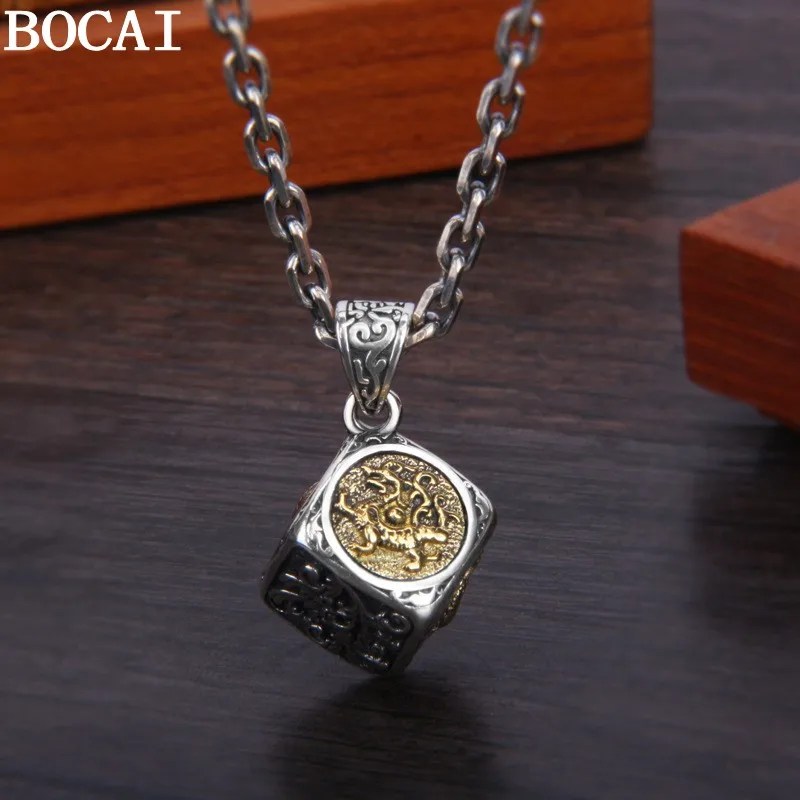 BOCAI S925 Sterling Silver Charms Pendants for Women men New Fashion Geometric Square Four Sacred Beasts Jewelry Wholesale
