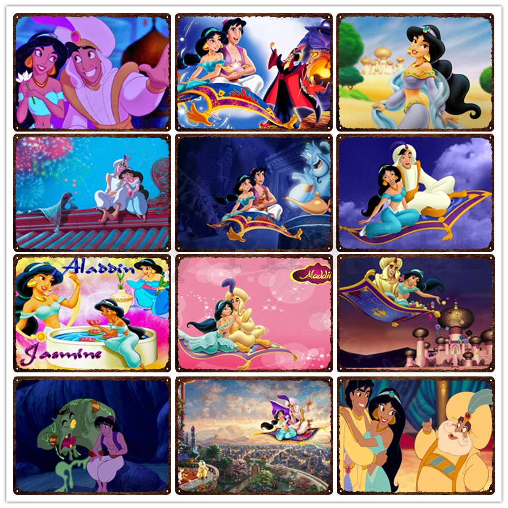 Disney Aladdin Tin Sign Princess Jasmine Metal Plaques Vintage Home Decoration Disney Cartoon Movie Wall Art Iron Painting