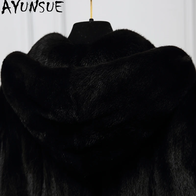 AYUNSUE Natural Mink Fur Coat Women Clothes 2025 Luxury Real Fur Coats Female Mink Winter Jacket Hoodie Шуба Женская Long Style