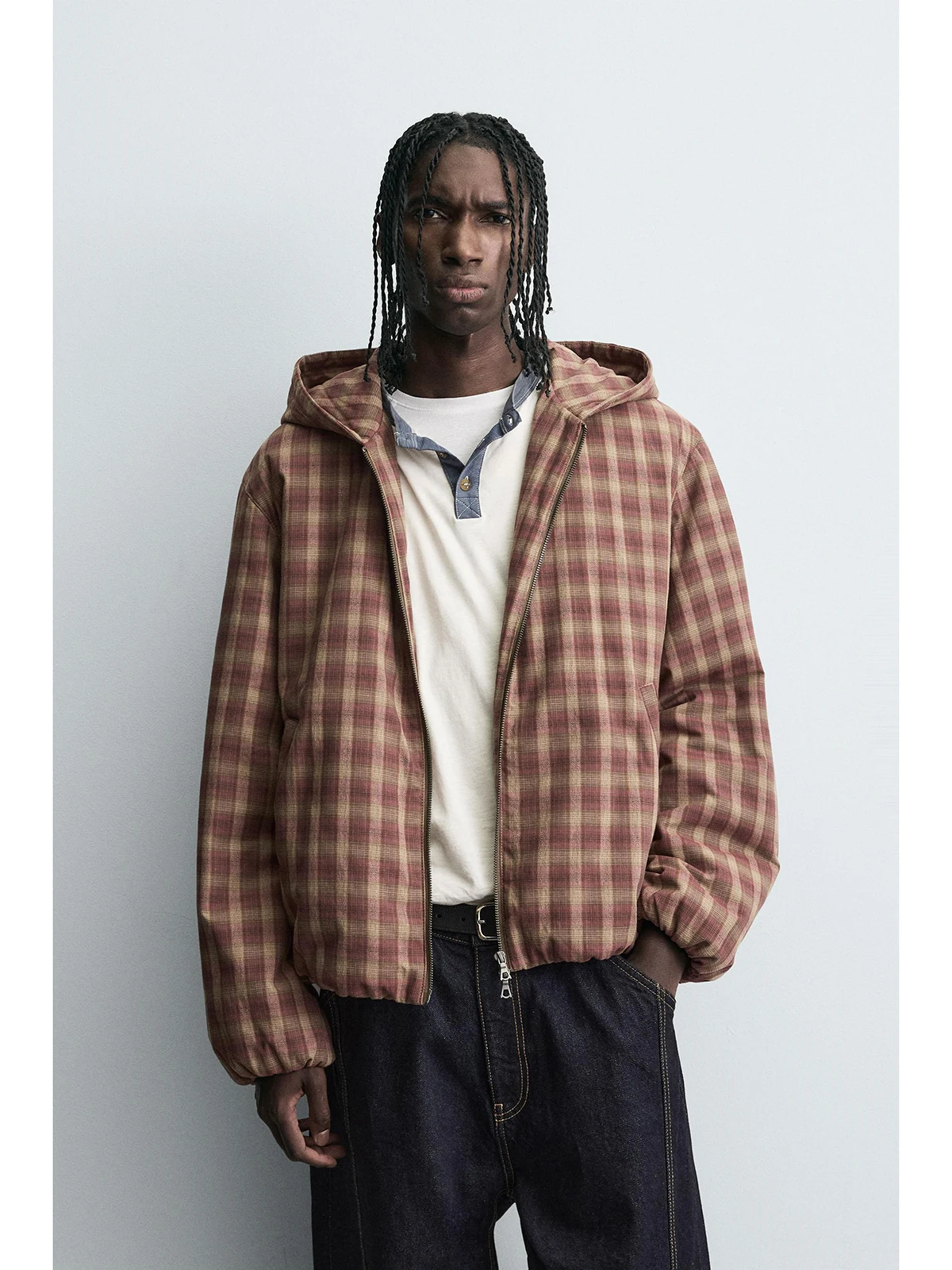 

Новинка: Мужская хлопковая куртка оверсайз с капюшоном и клетчатым узором, осень 2025, повседневная, с длинными рукавами, на молнии, молодежный стиль