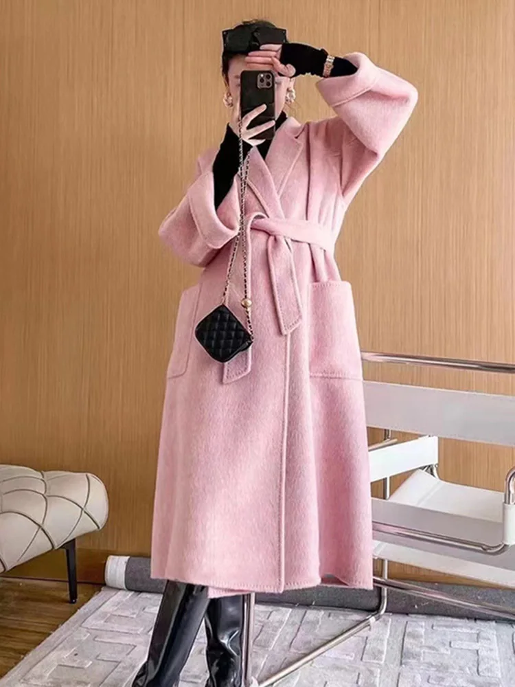 LANMREM Double-sided Wool Coat Lapel Long Solid Color Loose Luxury High End Belt Coats Female 2024 Spring Winter New 2R4718