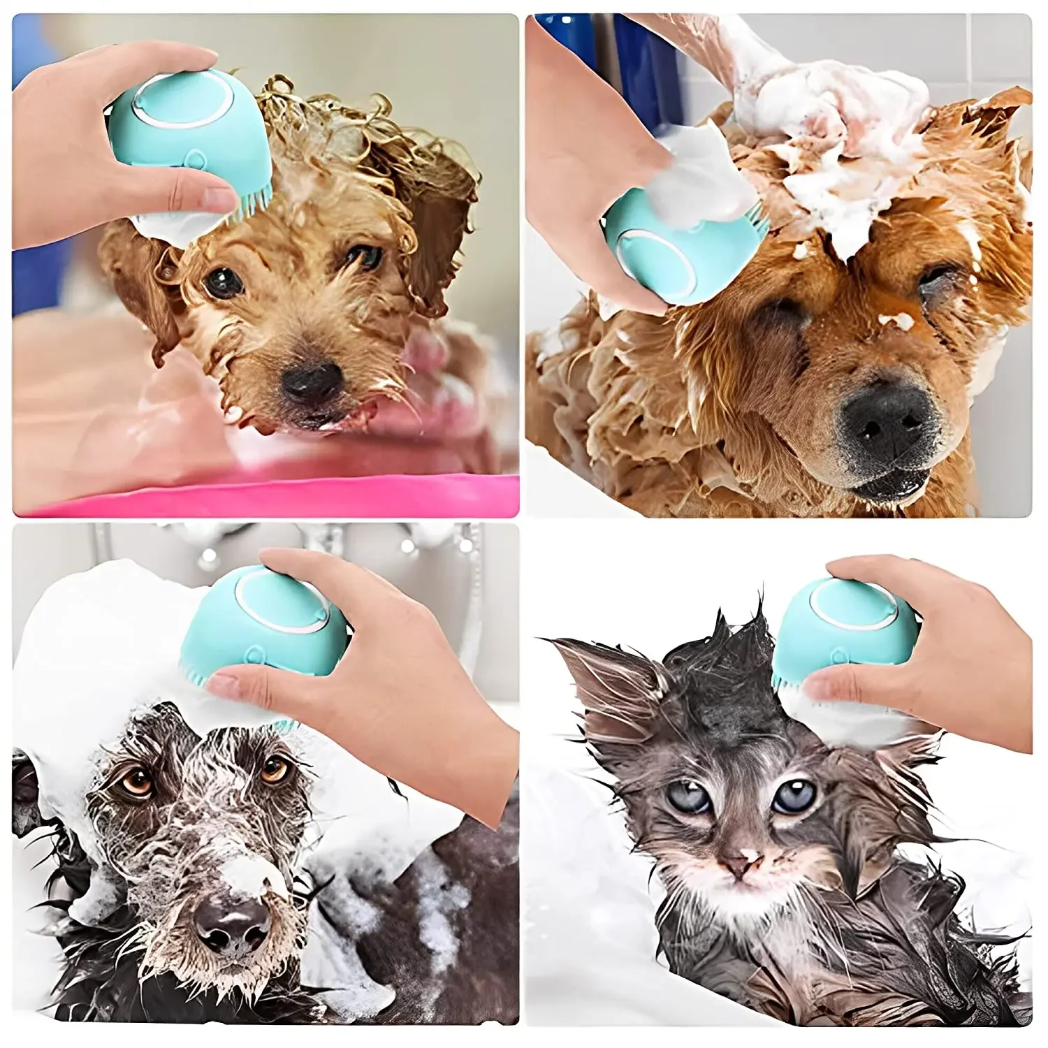 Pet Grooming Bath Massage Brush with Soap and Shampoo Dispenser Soft Silicone Bristle for Long Short Haired Dogs Cats Shower