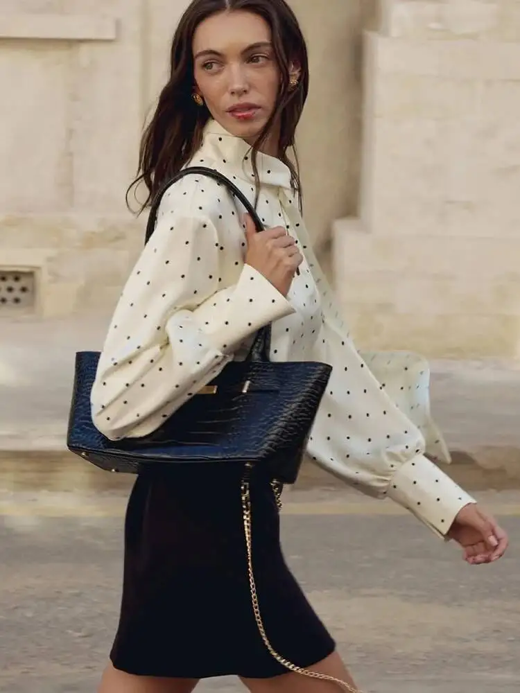 Fantoye Satin Print Polka Dots Bow Women Blouses White Long Sleeve Single Breasted T-Shirt Female Autumn Slim Casual Streetwear