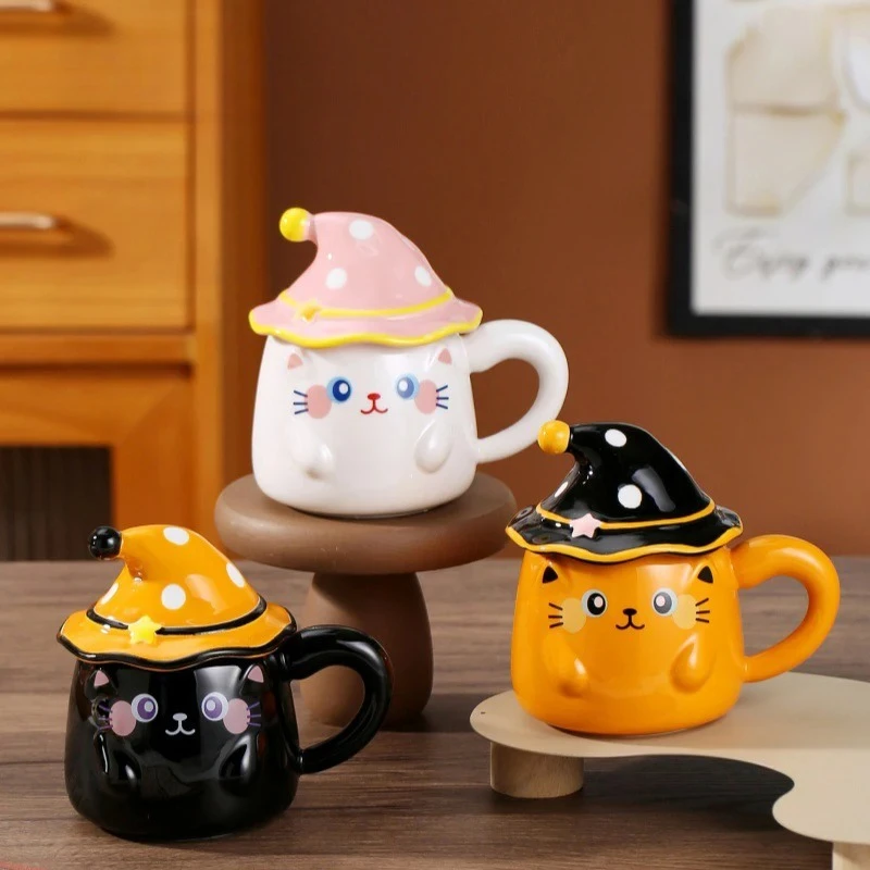Cute Ghost Cat Ceramic Mugs with Lid Cartoon Coffee Cups Couple Milk Cup Breakfast Mug Halloween Birthday Gifts