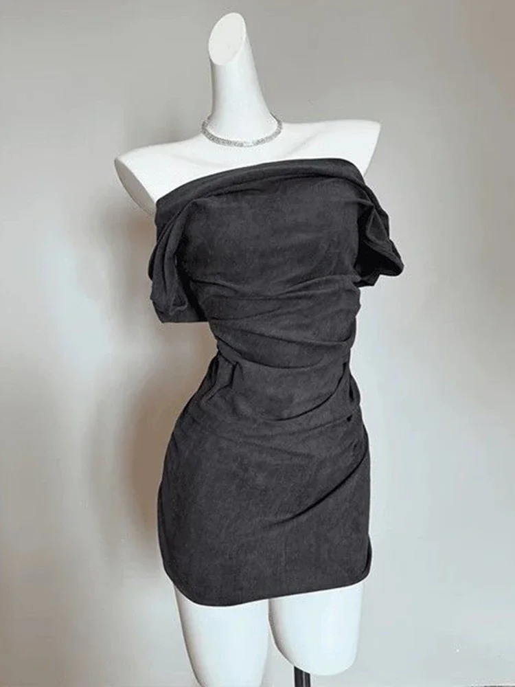 Grafietgrijze jurk, donkergrijs, andere artistieke retro-stijl bodycon sexy jurk met één kraag en prinsessenmouwen