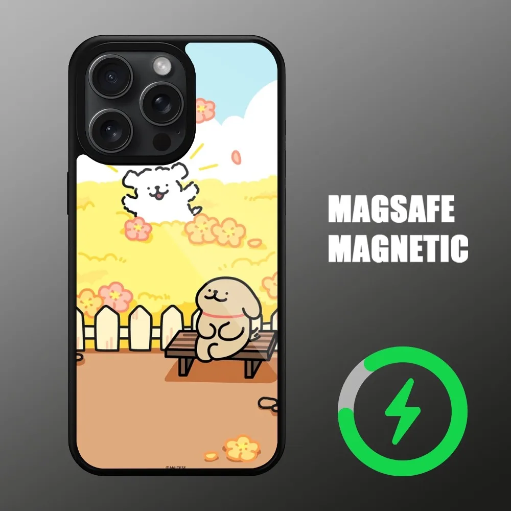 Line Dog Maltese Cartoon Phone Case For iPhone Magsafe Magnetic Wireless 11 12 13 14 15 Pro Max Plus Charging Cover