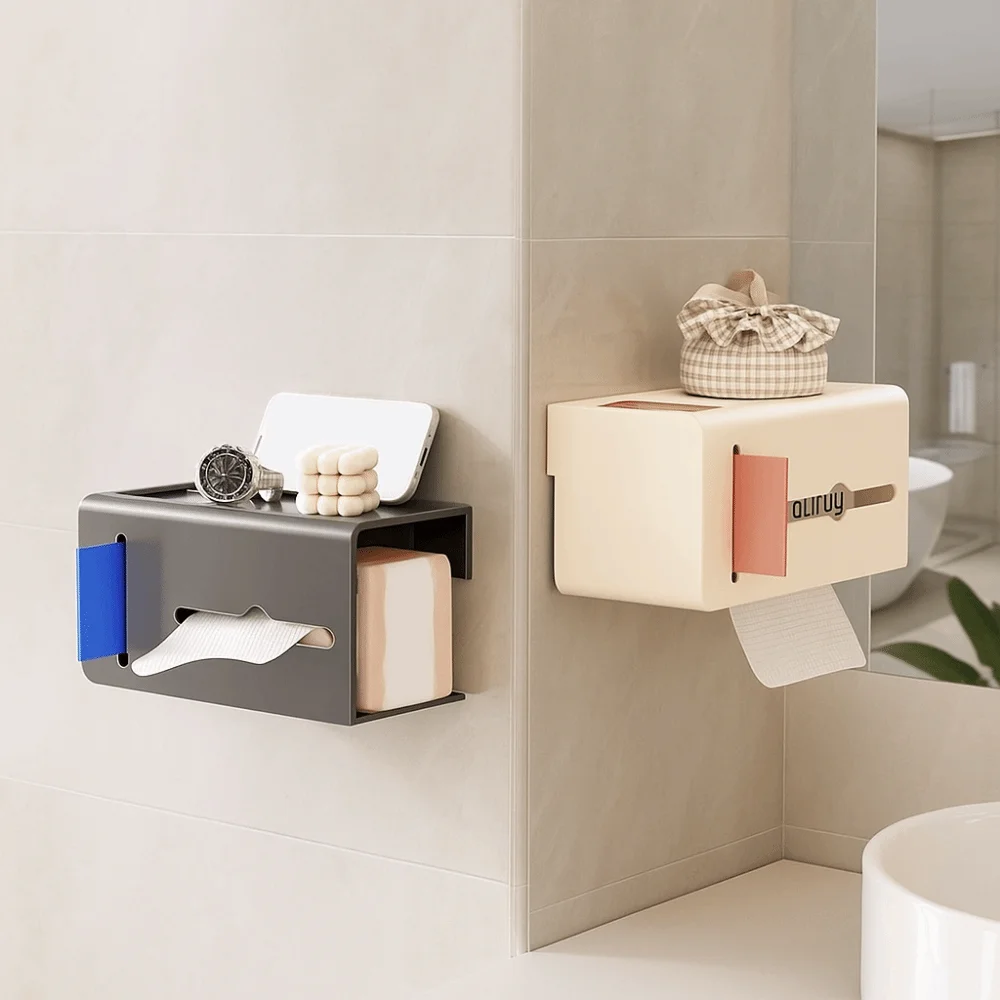 Soporte de papel higiénico de acero al carbono, montado en la pared, impermeable, tejido de baño, sin perforaciones, con soporte para bolsa de basura, caja de papel higiénico