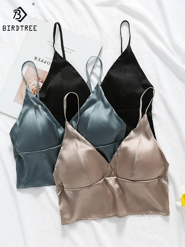 

Birdtree 93% Silk 7% Spandex Bra Women Lace Wireless Seamless Lingerie Underwear Padded Bra Shoulder Strap Tube Tops P36069QM