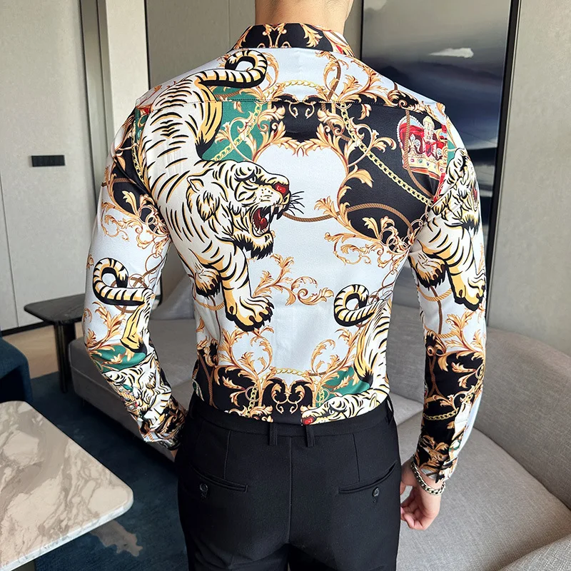 M-6XL Luxury Boutique Fashion Peacock Print Mens Slim Casual Long-sleeved Shirt Personality Design Male Social Leisure Shirts