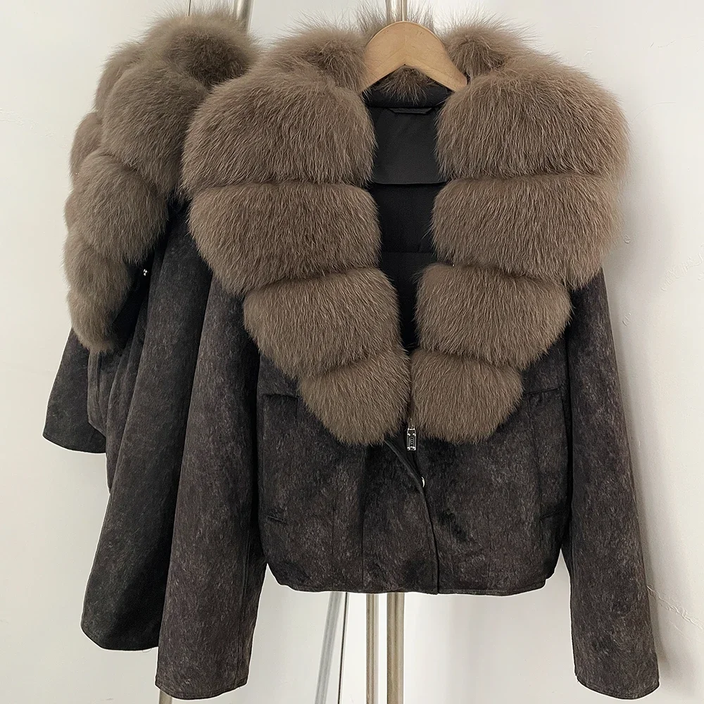 OFTBUY Großer Natürlicher Pelzkragen Dicke Vintage-Jacke Damen Entendaunen-Parka mit Pelz für Frauen Kurze Lose Daunenjacke – Detail 14