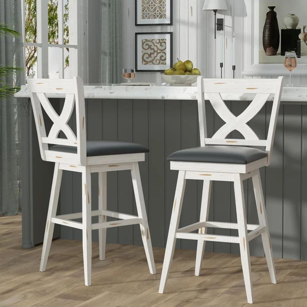 

Swivel Bar Height Stools, High Back Swivel Bar Stools with Faux Leather Upholstered Seat & Solid Wood Footrest.