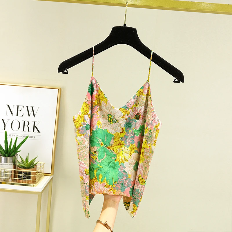 2022 New Floral Print Halter Vest Female High Quality Satin Soft Sexy Tank Top Camisole Feminine