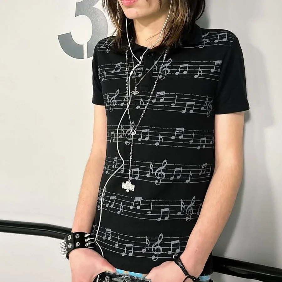 Music note print punk hip-hop European American Y2K Subculture Retro Unisex Rock style High street casual short sleevel T-shirts