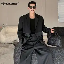 LUZHEN New Clothes High End Original Leather Splicing Design Blazer Coat Wide Leg Casual Pants Men Two Piece Sets 2025 LZ6198