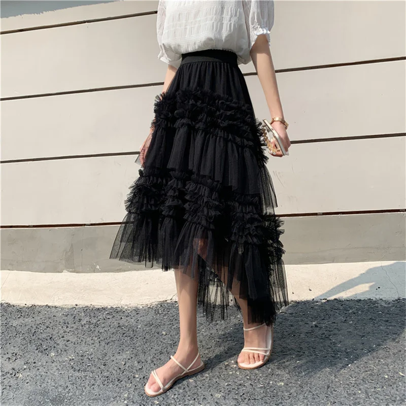 Fashion Princess Lace Ruffles Mesh Skirt Sweet Ladies Girl Midi Ball Gown Tulle Skirt QT2311