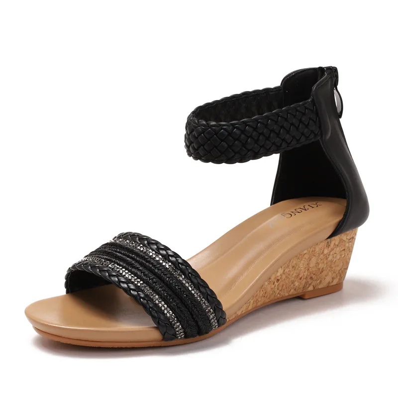 High quality leather flat sandals for women 5cm mid heel new summer 2025 36 42 open toe casual vintage shoe black gold grey