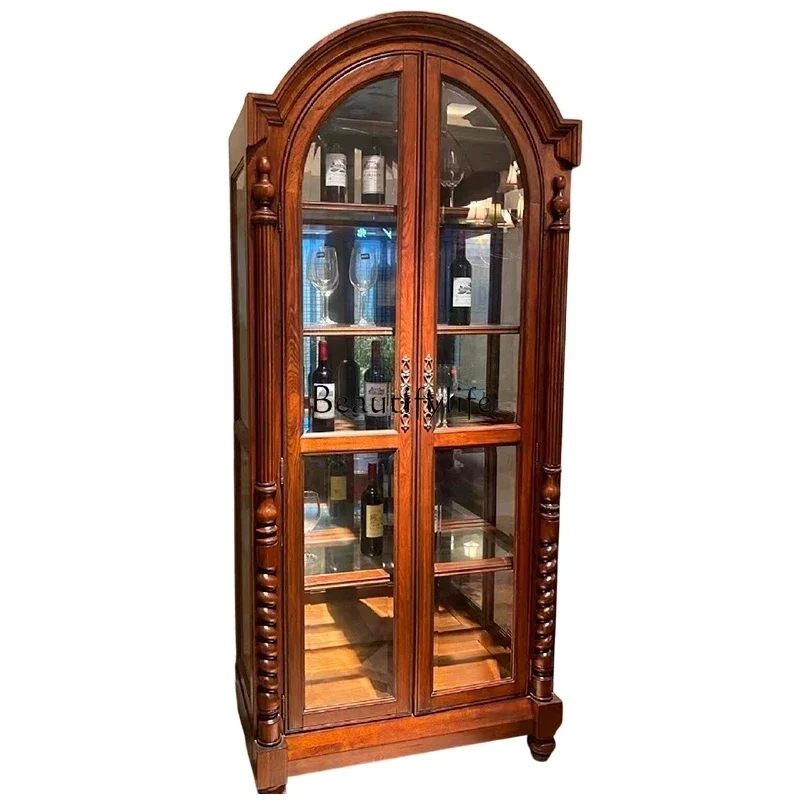 

yj15 American-style Solid Wood European-style Retro Arched Home Living Room Wall-mounted Wine Cabinet Glass Cabinet