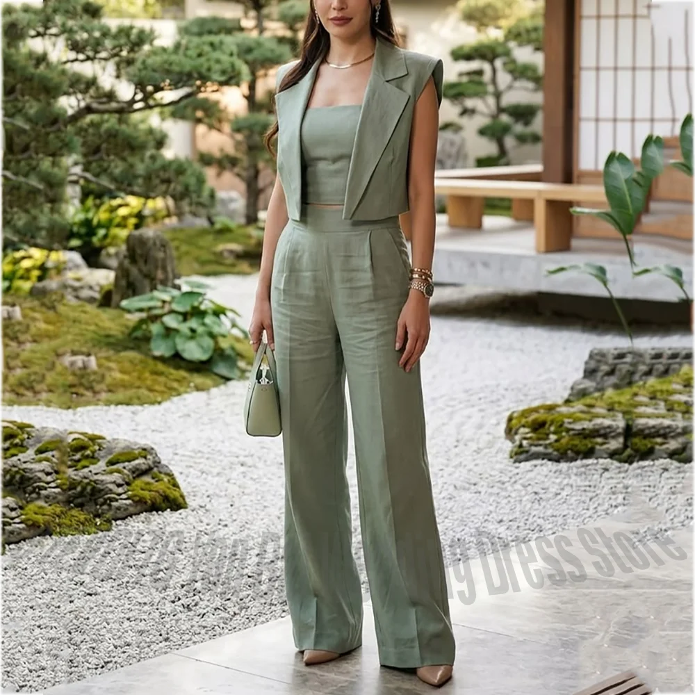 Women‘s 2 Piece Suits Set Summer Linen Cropped Sleeveless Blazer Pants Straight Elegant Outfit Formal Office Party Casual Suit