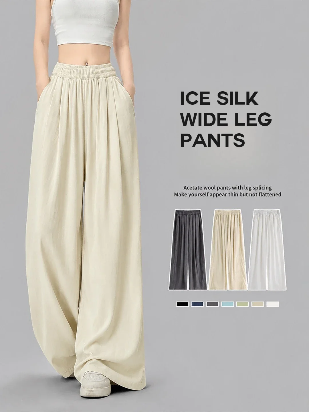 Women's High Waisted Ice Silk Wide Leg Pants Summer Thin Breathable Straight Casual Trousers Woman Solid Loose Flowy Long Pants