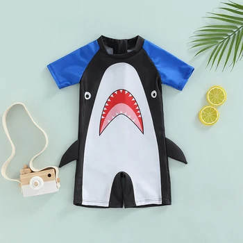 0-4Y yürüyor erkek bebek kısa kollu fermuar mayo karikatür köpekbalığı çabuk kuruyan mayo yaz tek parça Beachwear mayo