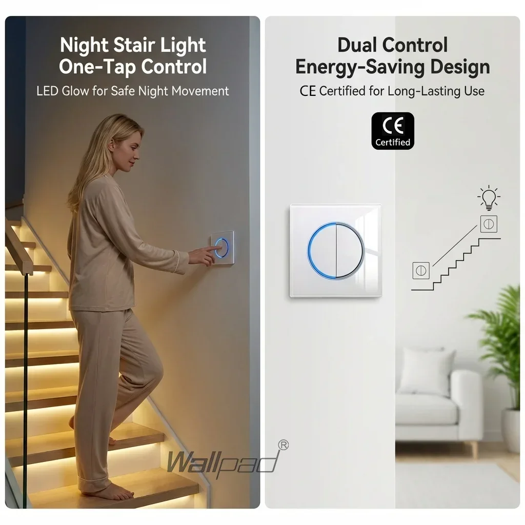 Wallpad-LEDリングインジケーター付きラウンドボタンスイッチ、ガラスパネル、1、2、3、4ギャング、2ウェイ、110v、250v、16a、青